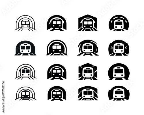 Subway Train Logos. A subway train moving through underground tunnels, with passengers inside. Icon set. Set Logo of a subway train moving through underground
