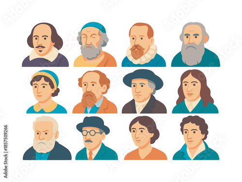 Literary Icons Collection. Literary heritage. Colorful flat vector icons set of Literary heritage: Shakespeare portrait, Homer portrait, Cervantes portrait,