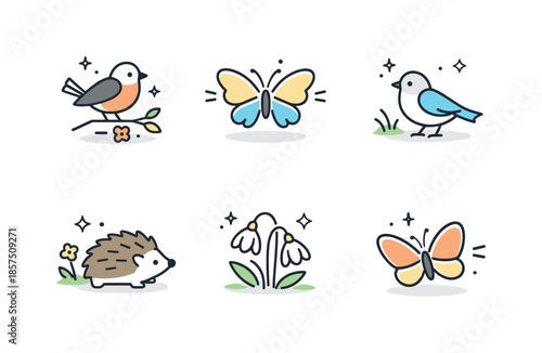 Spring Wildlife Icons. Early spring wildlife icons. A small set of clean line icons featuring birds, butterflies, and a hedgehog, gentle awakening of nature