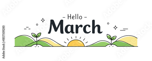 March Nature Banner. March welcome banner. Minimal nature landscape with hills, young plants, and a rising sun arranged in a horizontal layout. Friendly and