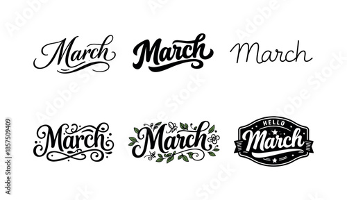 March Lettering Variations. March. Set lettering. harmonious lettering variations of the same emblematic concept, each with different artistic interpretation