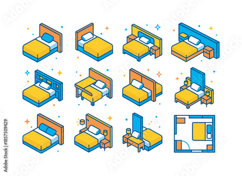 Isometric Headboard Ideas. Small bedroom headboard placement. Colorful isometric vector icons set of Small bedroom headboard placement: bed pushed into corner,