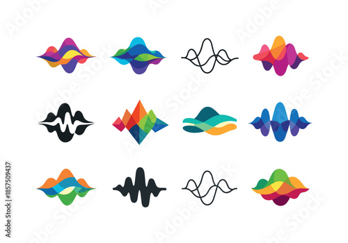 Sound Wave Icons. Abstract shapes and colors representing sound. Icon set. Set Logo of abstract shapes and colors representing sound: layered frequency curves.