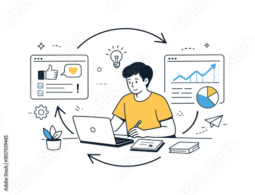 Product Feedback Optimization. Iteration and improvement. Person reviewing feedback and analytics, updating the product for better results. Continuous progress