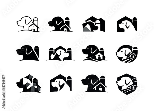 Farm Dog Logos. farm dog. Icon set. Set Logo of farm dog: loyal dog profile. harmonious logo variations of the same emblematic concept, each with different