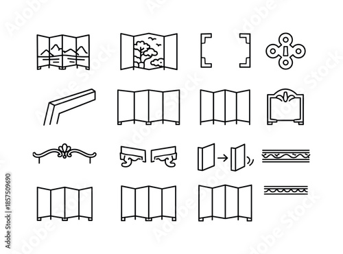 Folding Screen Icons. Folding screen. Line icon set of folding screen: art panel screen, painted motif outline, frame bracket, decorative hinge loop, artist
