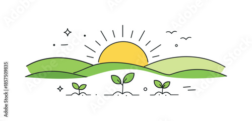 Optimistic Green Hills. Green Growth. A minimal landscape with rolling hills, a rising sun, and small plants emerging. The mood is optimistic, fresh, and calm.