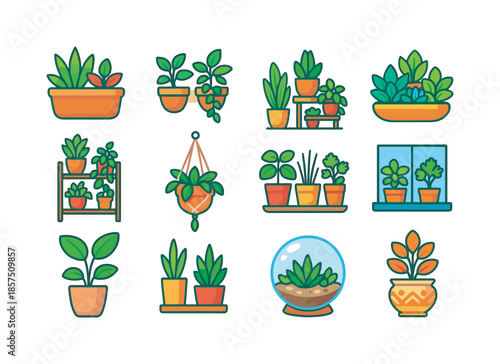 Colorful Plant Icons. Plant arrangements. Colorful flat vector icons set of plant arrangements: tabletop planter, wall-mounted pots, plant corner setup, mixed