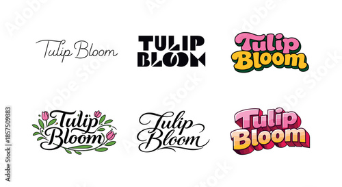 Tulip Typography Grid. Tulip Bloom. Set lettering. harmonious lettering variations of the same emblematic concept, each with different artistic interpretation