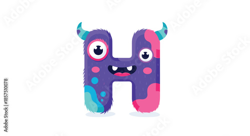 Cute purple letter H monster character with furry texture, playful horns, and a friendly smile, perfect for children's learning designs.