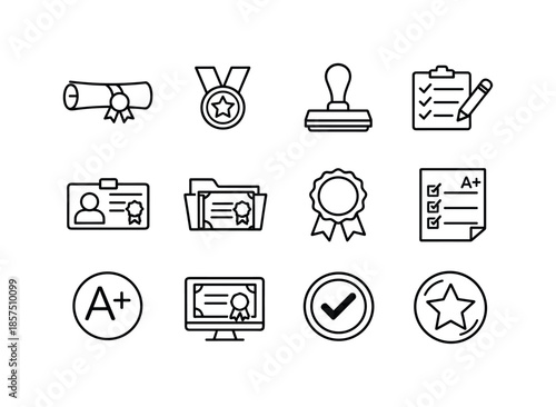 Certification Icon Set. Teacher Certification. Line icon set of Teacher Certification: certificate scroll, achievement badge, approval stamp, qualification