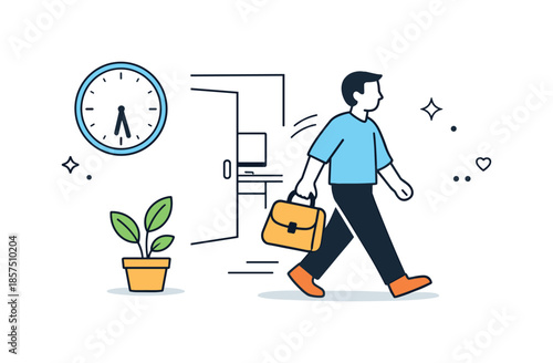 Healthy Work-Life Balance. Work-life balance. Person leaving the office with a bag while a clock and a small plant appear nearby, symbolizing healthy