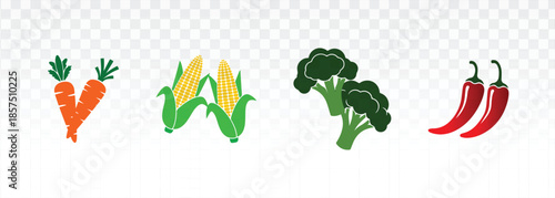 Flat illustration of fresh, colorful organic vegetables on a transparent background. Minimalist design ideal for healthy living, vegetarian menus, eco-friendly branding, and digital graphics.