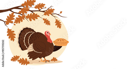 A friendly cartoon turkey holding a pumpkin pie under an autumn tree branch with falling leaves, symbolizing Thanksgiving and harvest season.