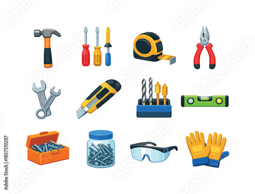 Toolbox Essentials Icons. Toolbox essentials. Colorful flat vector icons set of toolbox essentials: hammer, screwdriver set, tape measure, pliers, wrench,