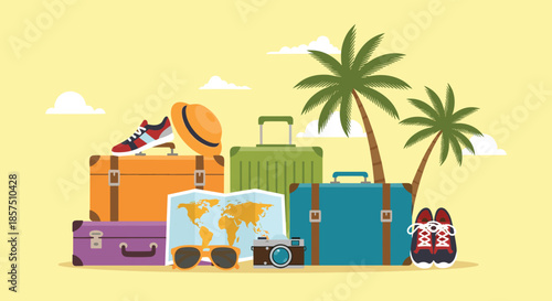 A vibrant collection of essential travel items for a tropical getaway, featuring colorful suitcases, a world map, and beach accessories under palm trees.