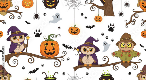Adorable Halloween seamless pattern featuring cute owls dressed as a witch and scarecrow, glowing jack-o'-lanterns, spooky ghosts, and bats.