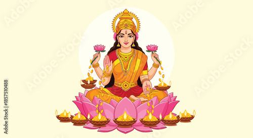 Vibrant illustration of Goddess Lakshmi, Hindu deity of wealth and prosperity, showering golden coins into diya lamps while seated on a lotus.