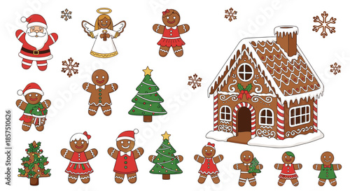 A festive collection of gingerbread characters, a house, Santa Claus, and an angel, set against a white background with snowflakes.