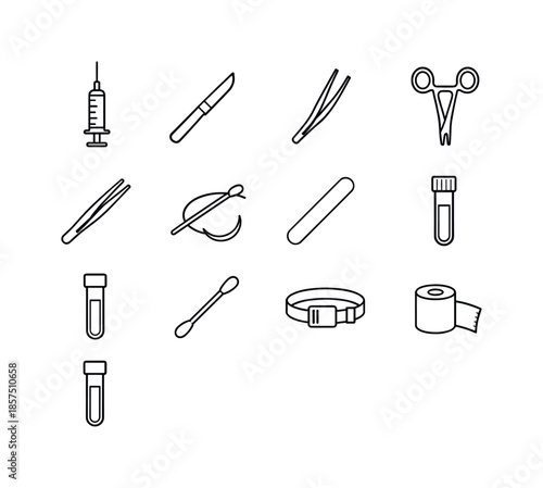 Medical Tools Icons. Medical tools. Line icon set of Medical tools: syringe, scalpel, forceps, scissors, tweezers, suture needle, tongue depressor, blood vial,