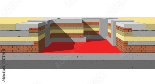 Isometric cutaway view of a multi-layered building foundation, revealing concrete, brick, and soil strata with a red base layer.