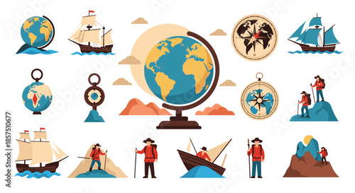 Diverse flat design icons illustrating exploration and adventure, including globes, sailing ships, compasses, and mountain hikers for travel and discovery concepts.