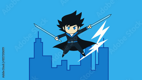 A dynamic cartoon illustration of a superhero character with spiky black hair flying over a city skyline, ready for battle with two swords