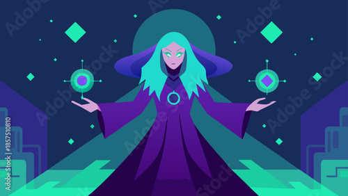 A mysterious enchantress character design with glowing teal hair and purple cloak, summoning magical orbs in a dark cosmic realm, surrounded by geometric elements.