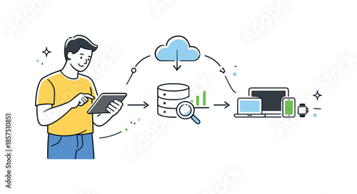 Adapting to Digital Tools. Technology-driven change. Individual adapting to new digital tools, connecting icons of cloud, data, and devices into one flow. Mood