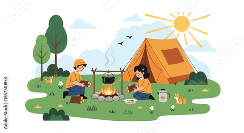 A boy and a girl enjoy a summer camping trip, tending a campfire and cooking outdoors with a tent nearby.