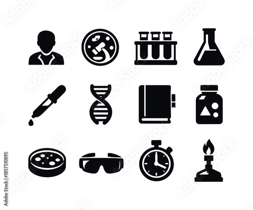 Scientific Research Icons. Scientific Research. Solid icon set of Scientific Research: researcher silhouette, microscope view, test tubes, conical flask,