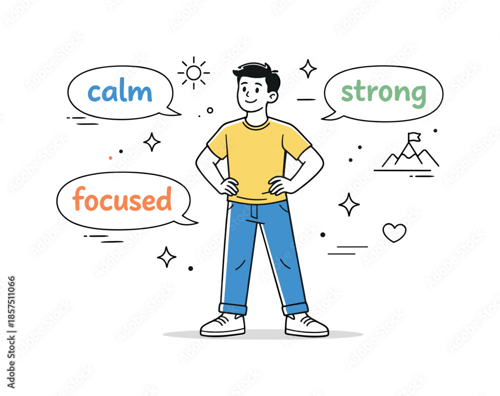 Obraz premium Positive Affirmations Art. Positive mindset. A character standing confidently with relaxed posture, surrounded by floating affirmation words like ?calm?,