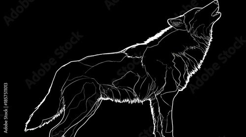 Striking white line art wolf howling illustration on a stark black background, symbolizing wilderness and primal spirit.
