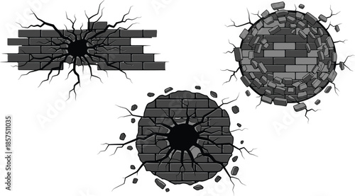 Cracked brick wall holes in various shapes and sizes