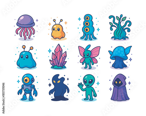 Colorful Alien Icons. Alien life forms. Colorful isometric vector icons set of Alien life forms: floating jellyfish alien, tiny glowing alien critter, tall
