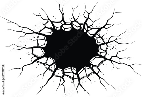 Cracked surface with large black hole and broken texture