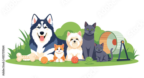 A diverse group of happy domestic pets, including dogs, cats, and kittens, enjoying outdoor playtime with various toys on green grass.