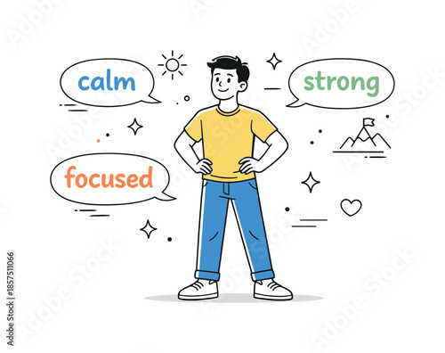 Positive Affirmations Art. Positive mindset. A character standing confidently with relaxed posture, surrounded by floating affirmation words like ?calm?,