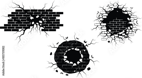 Damaged brick wall with cracks and holes in different shapes
