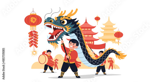 Children in traditional attire joyfully perform a Chinese dragon dance, celebrating the New Year with festive lanterns, firecrackers, and drums.