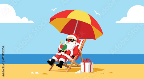 Santa Claus enjoys a relaxing summer vacation on a tropical beach, chilling under a colorful umbrella with a refreshing drink and a gift.