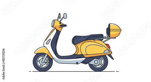 A vibrant yellow and white scooter with a rear storage box, parked on a white background, representing urban transportation and delivery services.