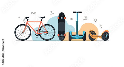 A selection of popular personal mobility devices, including a bicycle, skateboard, self-balancing scooter, and hoverboard, in a modern flat illustration.