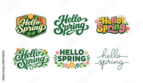Spring Lettering Variations. Hello Spring. Set lettering. harmonious lettering variations of the same emblematic concept, each with different