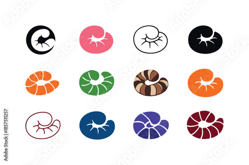 Worm Logo Variations. Worms. Icon set. Set Logo of worms: curled baby worm. harmonious logo variations of the same emblematic concept, each with different