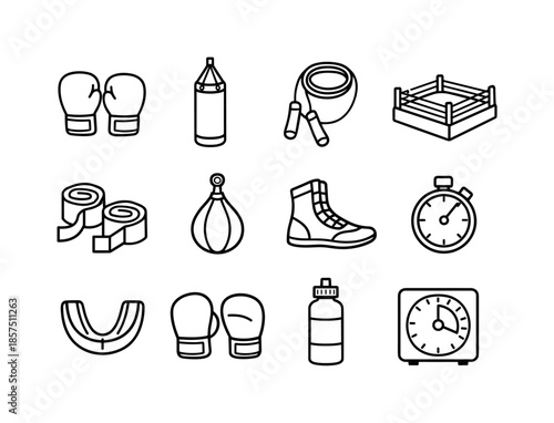 Boxing Workout Icons. Boxing fitness workouts. Line icon set of boxing fitness workouts: boxing gloves, punching bag, jump rope, boxing ring, hand wraps, speed