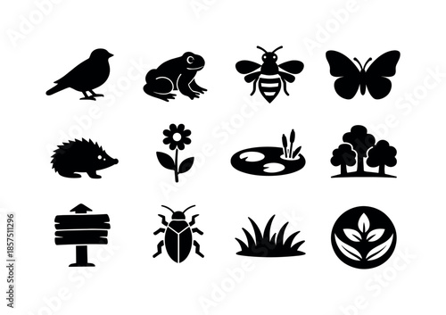 Farm Biodiversity Icons. Biodiversity on farms. Solid icon set of biodiversity on farms: bird silhouette, frog icon, bee, butterfly, hedgehog, wildflower, pond