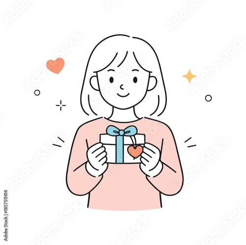 Valentine's Gift Moment. Valentine?s gift moment. A character holding a small gift box with a heart tag, showing thoughtful attention. Gentle celebratory