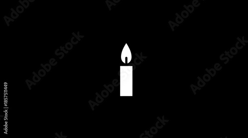 Clean minimalist white burning candle icon with a glowing flame on a stark black background, simple graphic design element