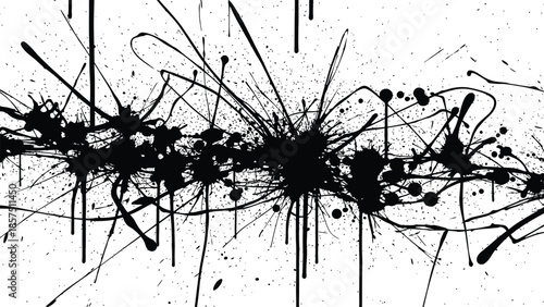 Dynamic black ink splatters on white background for creative design